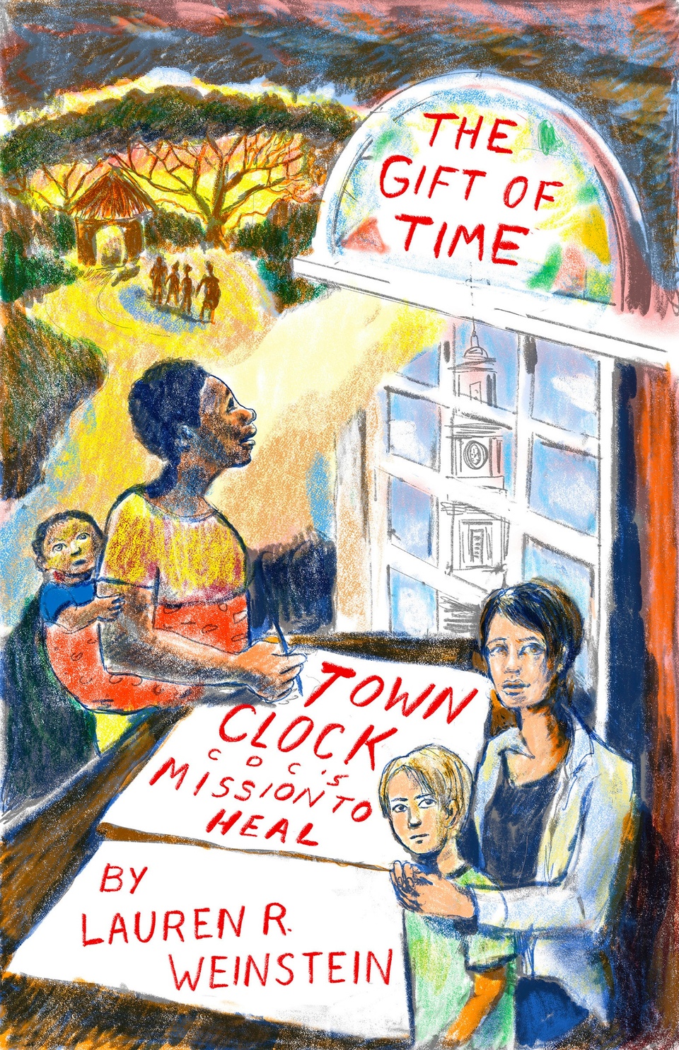 Illustrated cover of The Gift of Time, featuring two parent-child pairs in front of a window, with trees in the background.