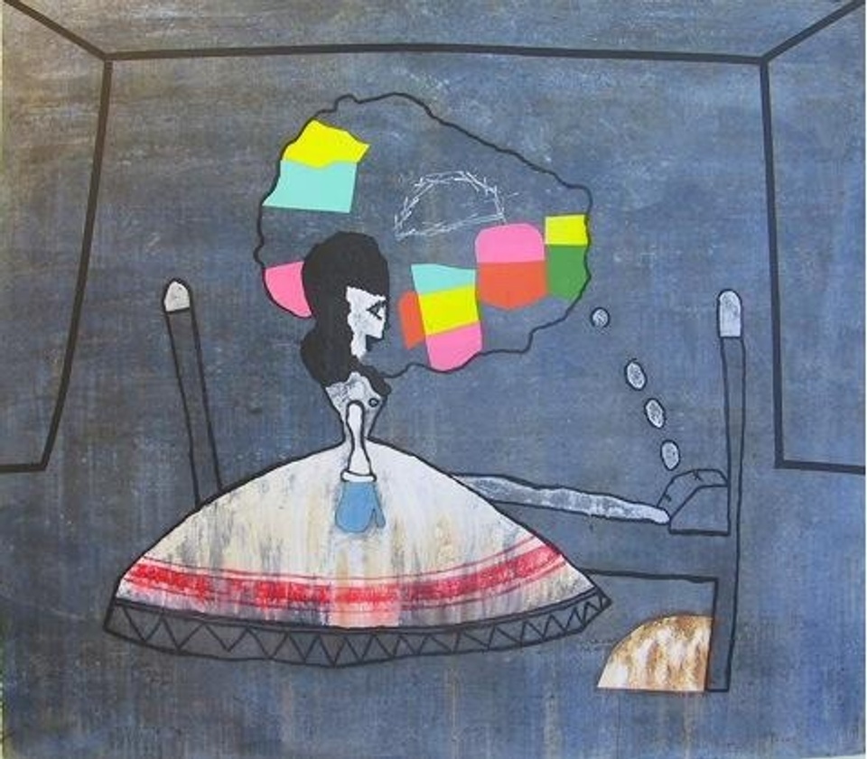 Image of a figure with a pink and white skirt in front of a reclining figure dreaming with a dream bubble above their head on a dark blue background 