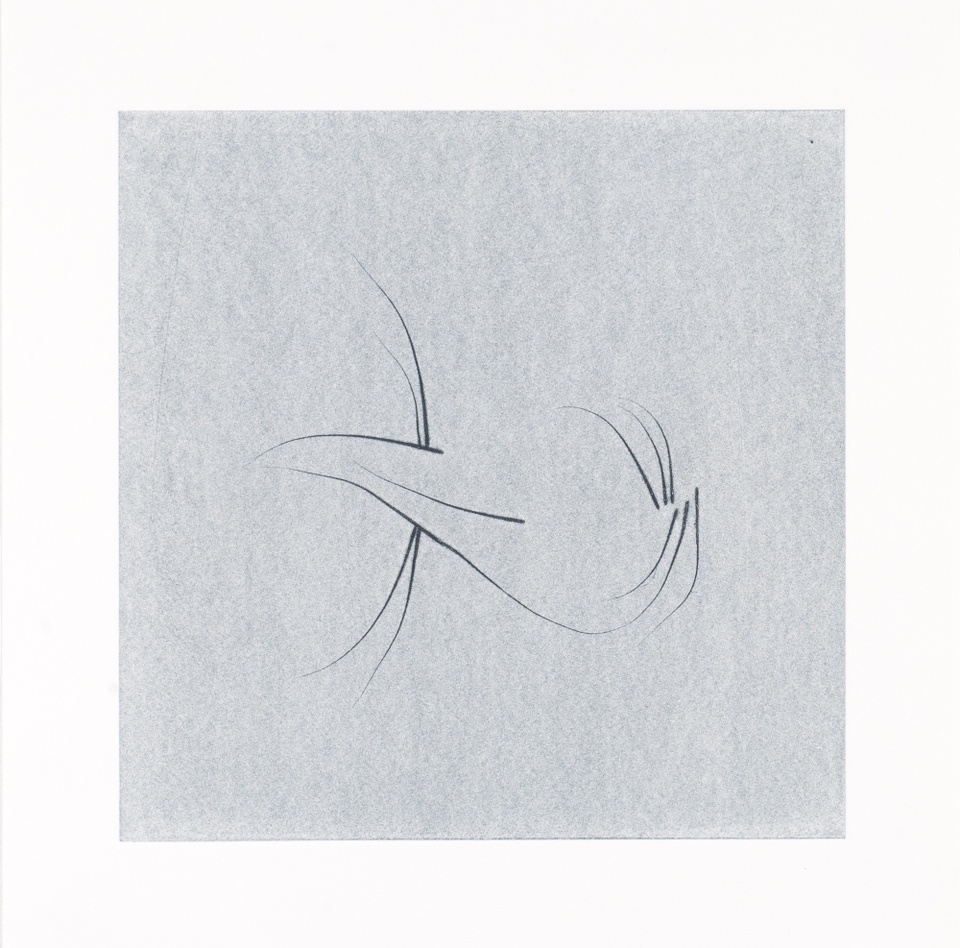 Image of abstract black line drawing on light gray printed background