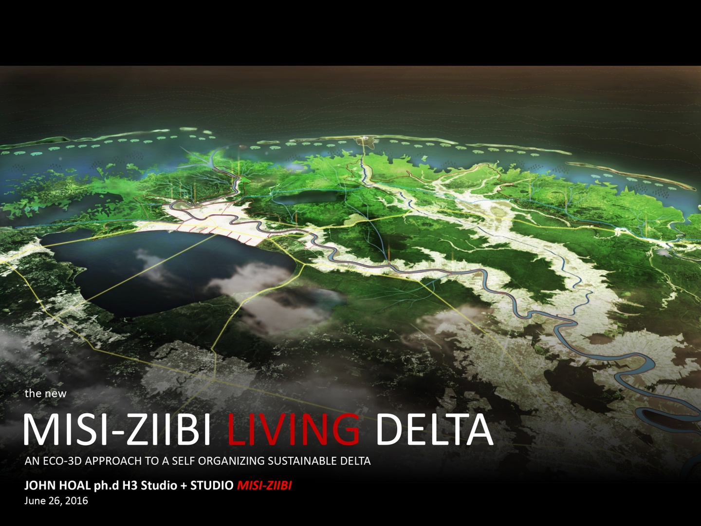 Rendering of a satellite view of a river, labeled "The New Misi-Ziibi Living Delta."
