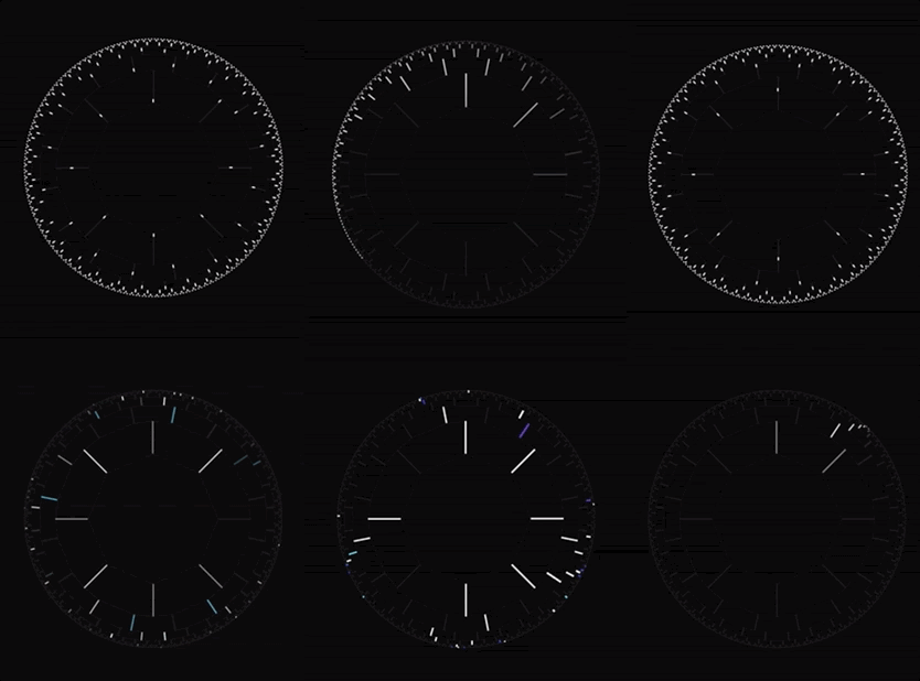 Animated circular patterns, reminiscent of clocks, that embody rich data sets