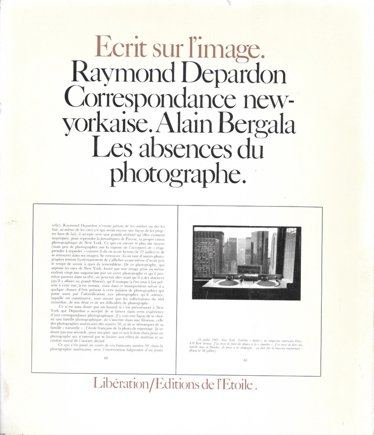 Ecrit sur l'image. Raymond Depardon—Correspondance newyorkaise. Alain Bergala—Les absences du photographe.