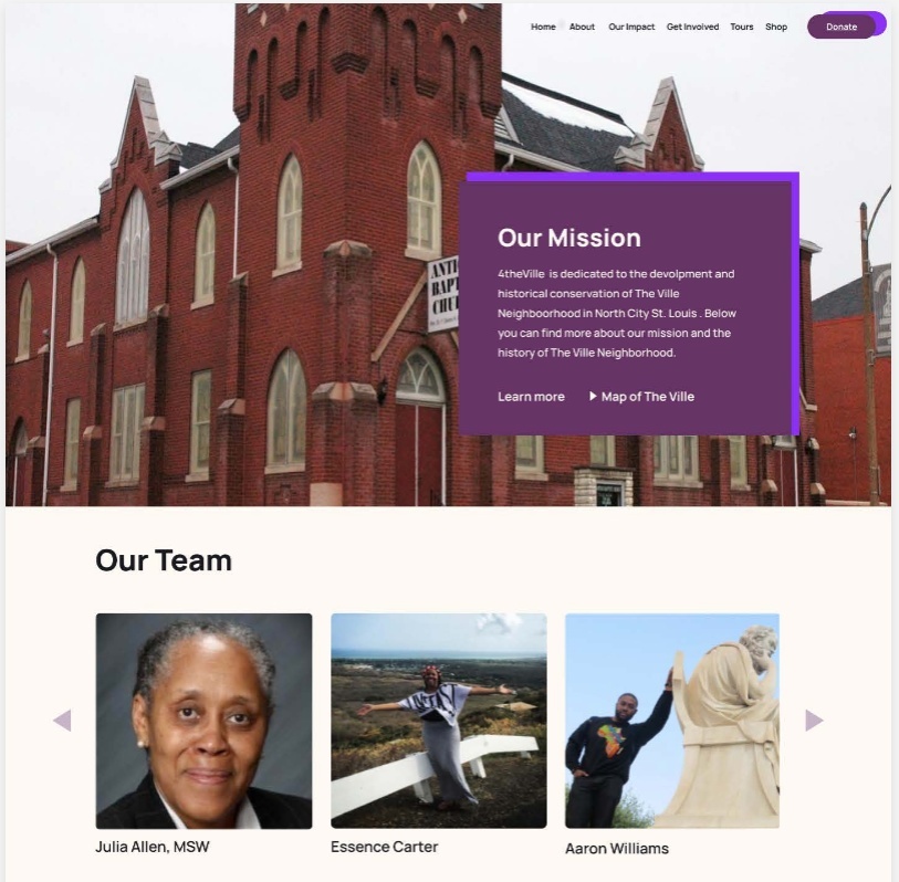 Screenshot of a mockup of a website with a page titled “Our mission” with images of people.  