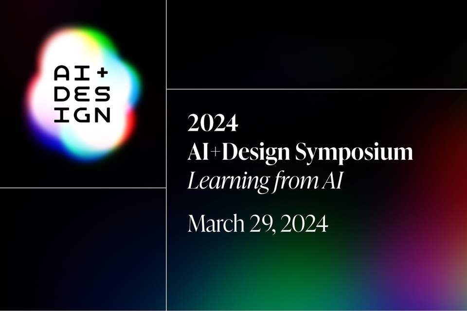 Graphic with black background and the words 2024 AI + Design Symposium Learning from AI