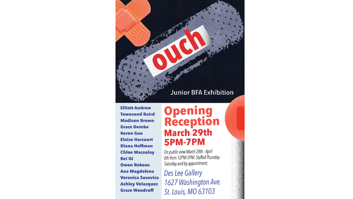 poster for exhibition, top is an image of band aids with the word ouch across it, below are the names of artists and exhibition info