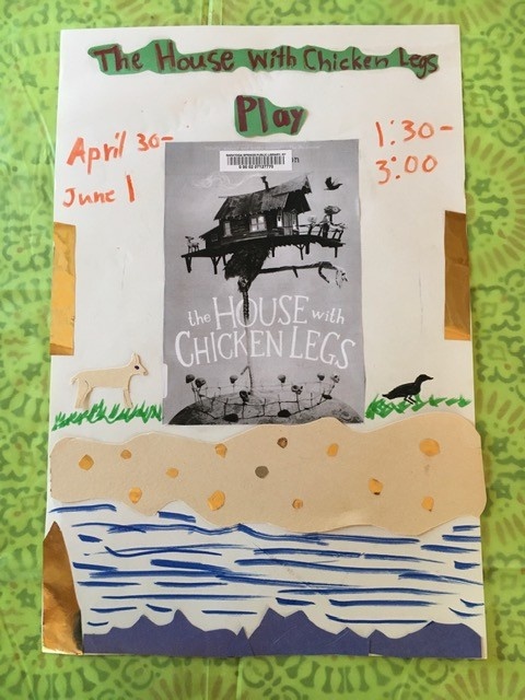 A collaged poster for a play called "The House with Chicken Legs" featuring a black and white photo of a house walking on bird legs.