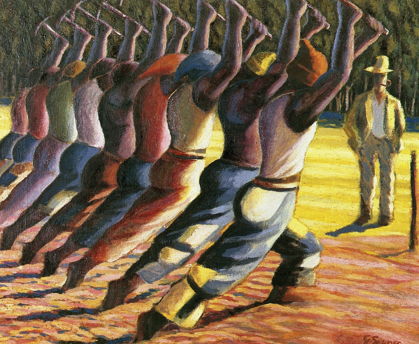 A painting depicting a diagonal row of workers with picks raised and a figure observing them to the right