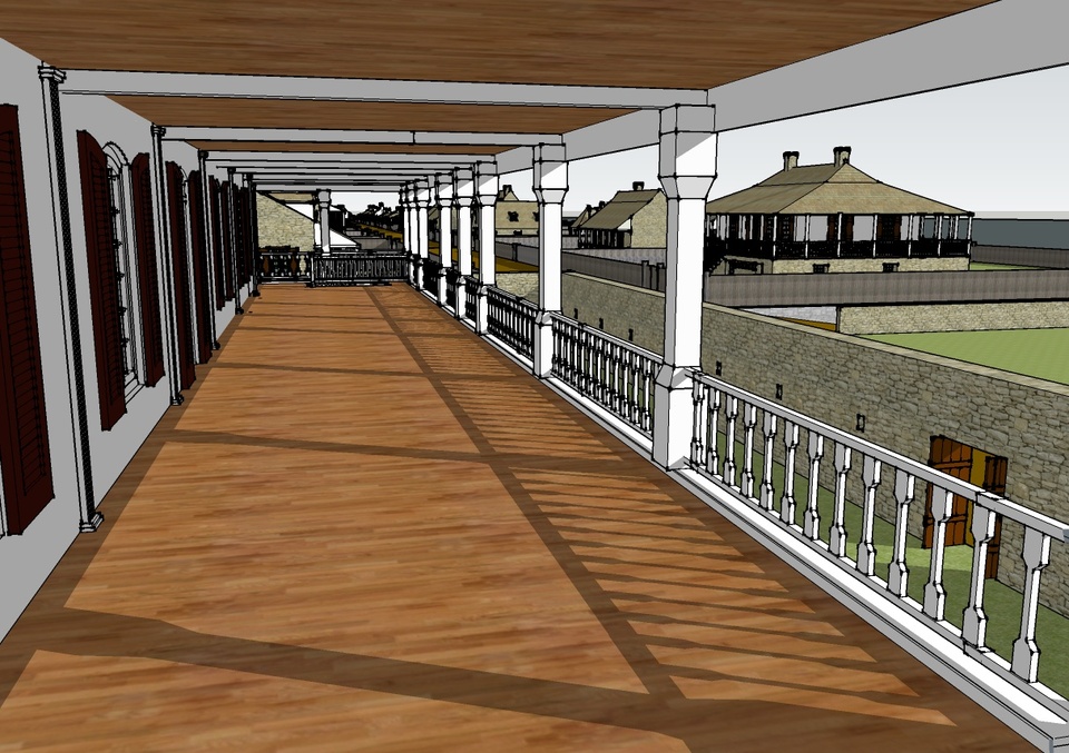 Sketchup render of a late 18th century St. Louis perspective view from the second floor of a farm building's veranda