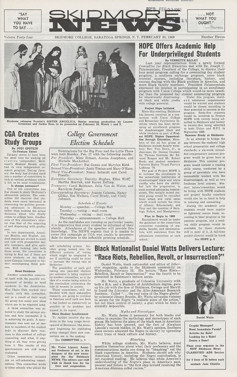 The off-white front page of a Skidmore News issue features a high-contrast black and white photograph of a group of women along with several columns of small print text.