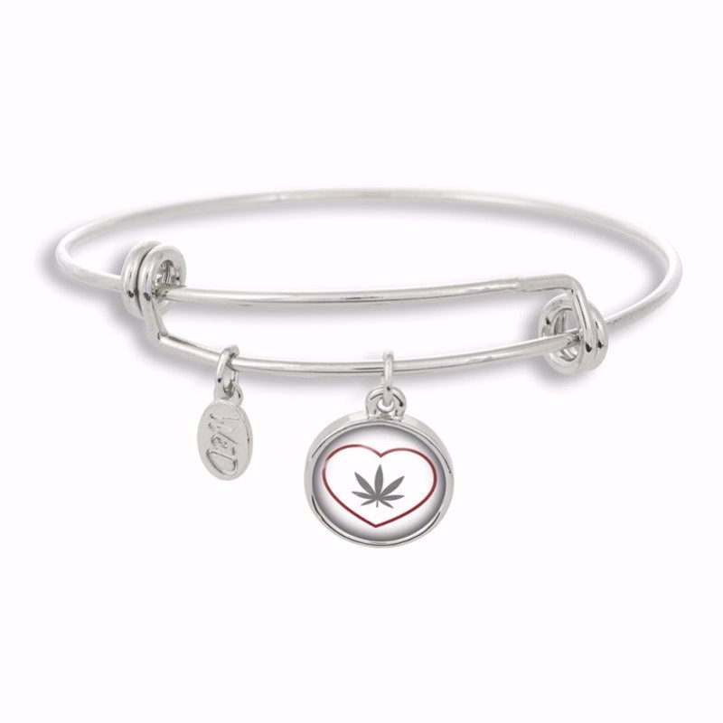Photo of Cannabis Icon-O-Pop Collection Adjustable Bangle Bracelet (No Pop Marijuana Leaf Wrapped Heart)