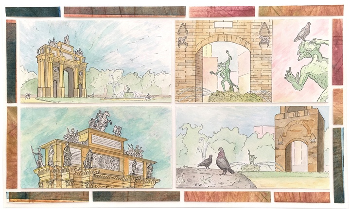 Grid of several watercolor vignettes of Florence city architecture and statuary.