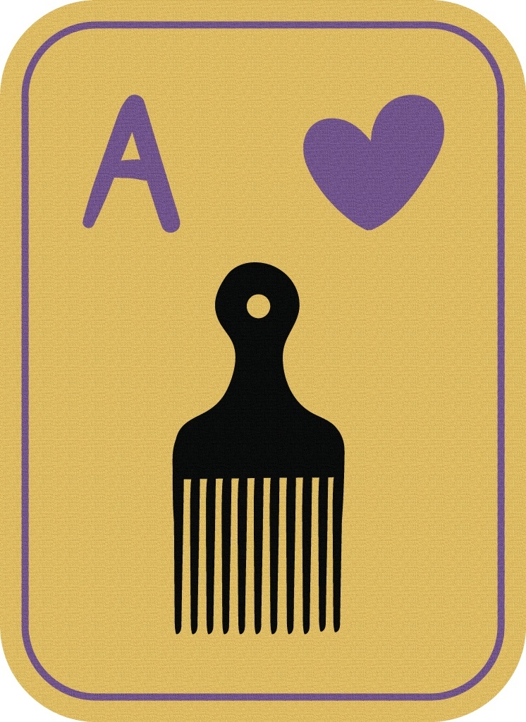 Image of a card with a yellow background, showing a black hair pick comb. The letter A appears in the left corner, and a symbol of a purple heart appears in the right corner. 