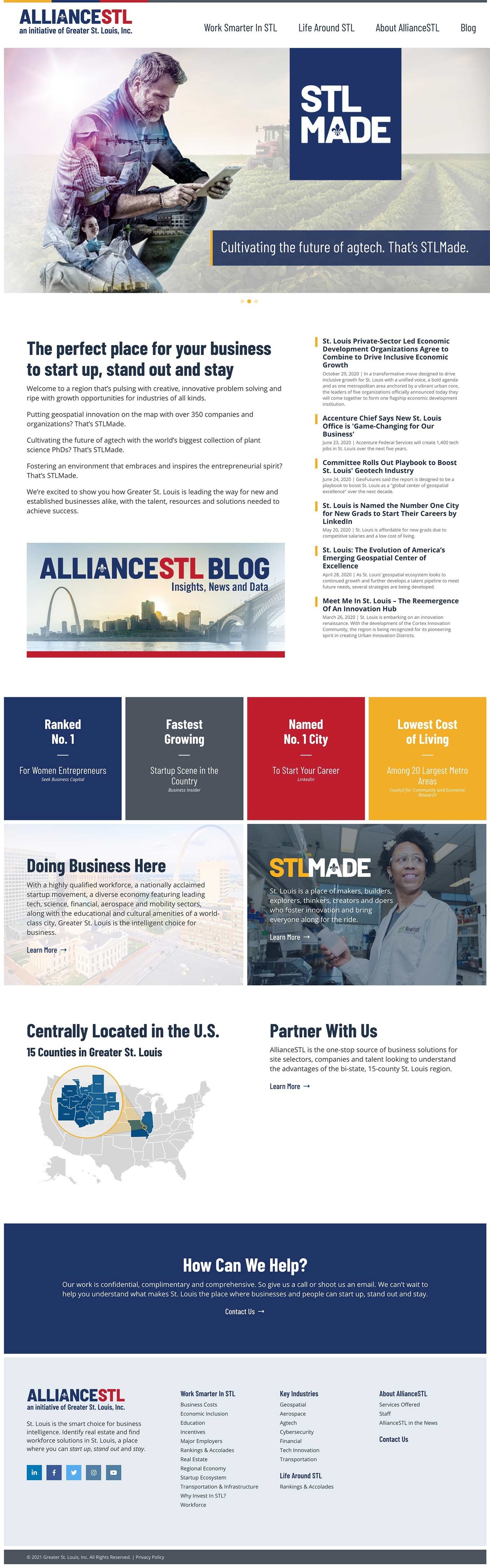Screenshot of a webpage: at the top is a banner that reads "ALLIANCESTL" (smaller text reads, "an initiative of Greater St. Louis, Inc.) — "ALLIANCE" in dark blue and "STL" in red; the four navigation tabs are "Work Smarter in STL", "Life Around STL", "About AllianceSTL", and "Blog". Below the upper tab is an image of a person kneeling, holding a tablet against a faded background of farmland; on this photo are the banners "STL MADE" (the fleur de lis adorning the A) and "Cultivating the future of agtech. That's STLMade.". The text on the site provides more information on St. Louis, business information, and contact information.