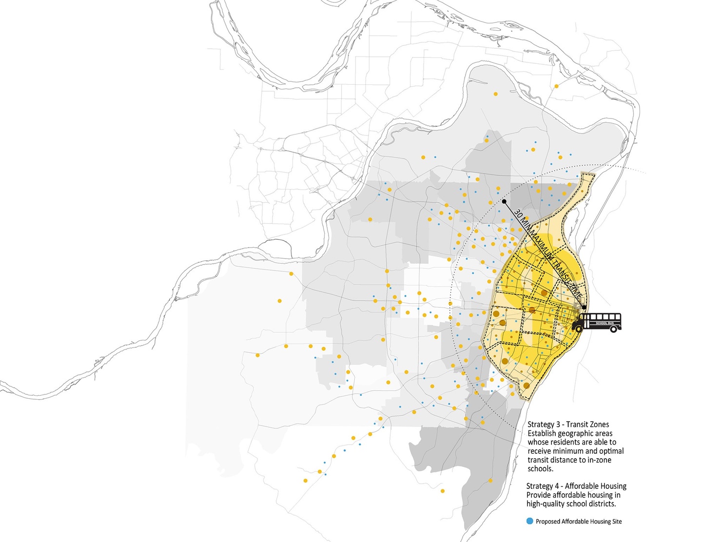 Map of St Louis county with downtown St Louis highlighted in yellow with a radius of 30 minutes transit time 