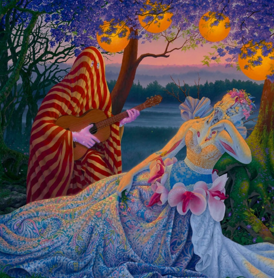 A painting of a figure shrouded in a striped yellow and red cloth serenading another sleeping fairy-like figure with a guitar
