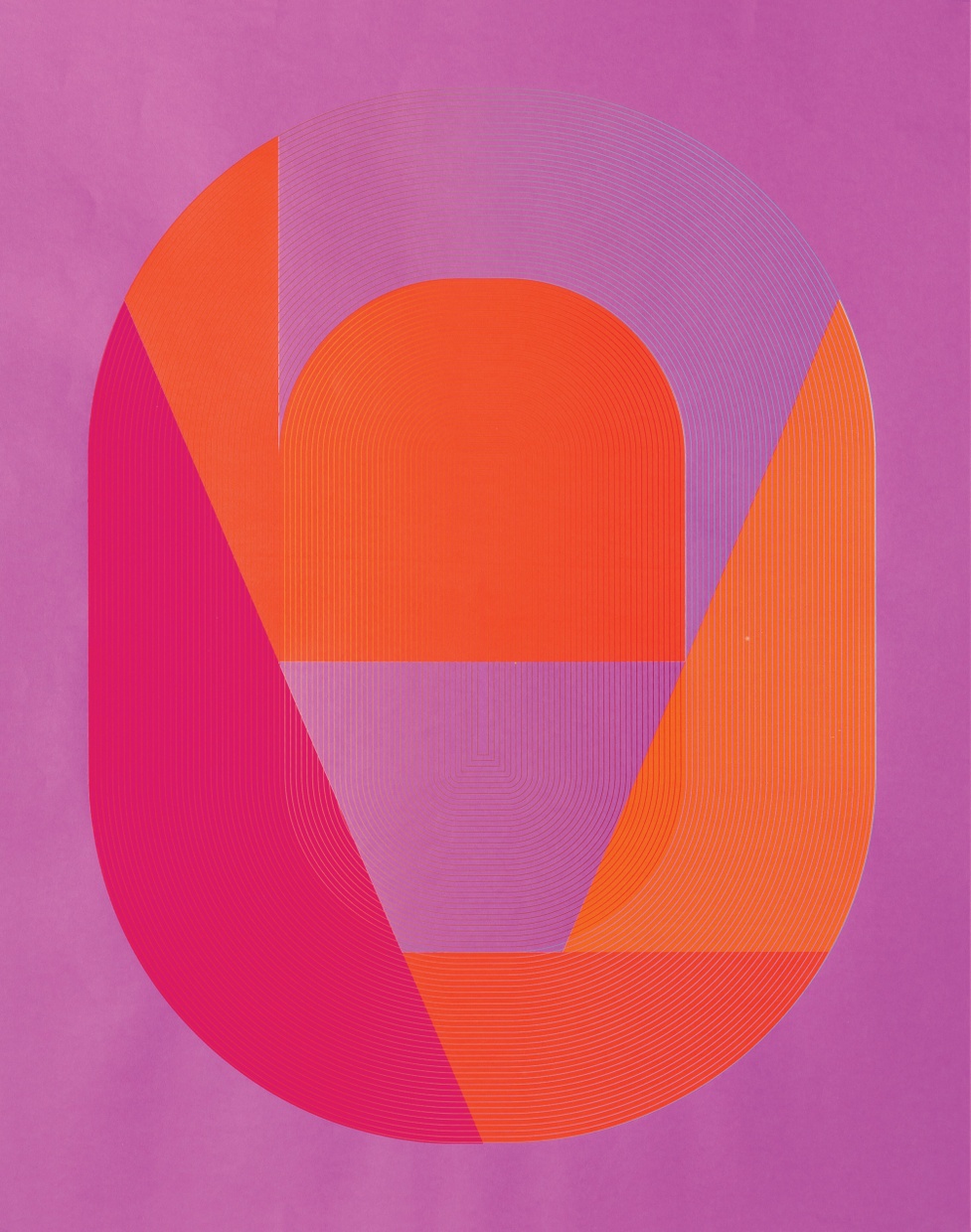 An artwork with a solid magenta background and various rounded arch and triangle shapes in shades of orange and pink congregated at the center.