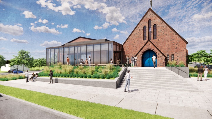 Realistic rendering of the exterior of a church as seen from the road with a new renovation with a glass facade.