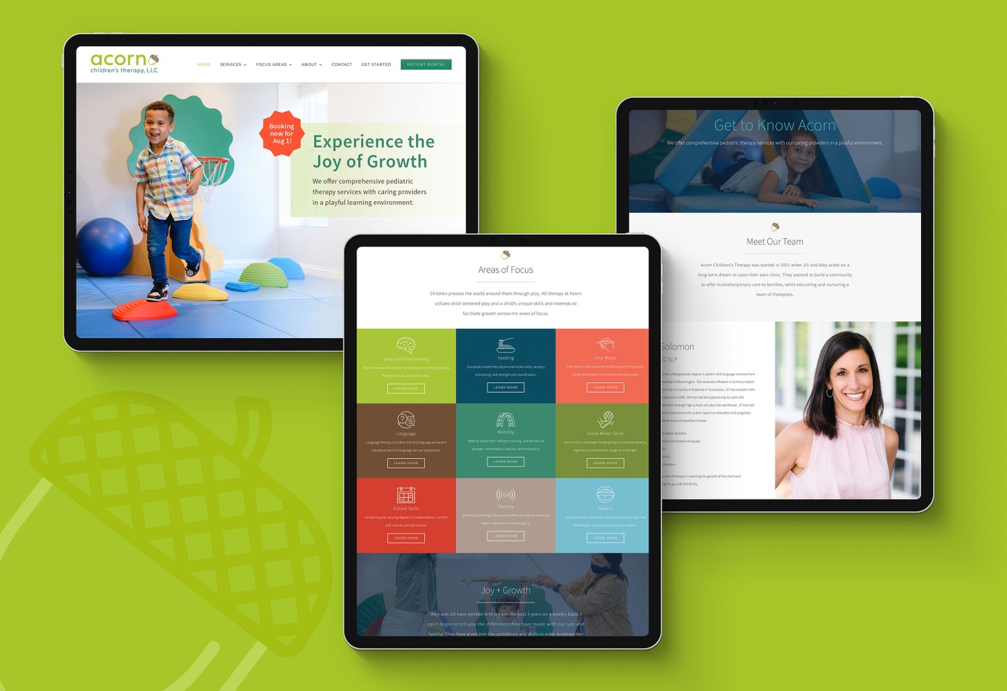 Three iPad screens showing different pages of the Acorn Children's Therapy website.