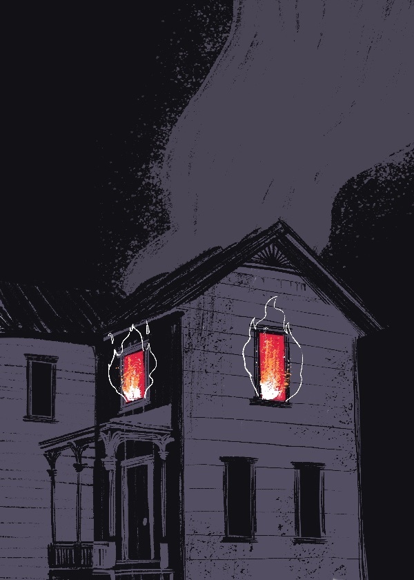 A purply monochromatic illustration of a house burning. The windows are fire lit with orange and yellow