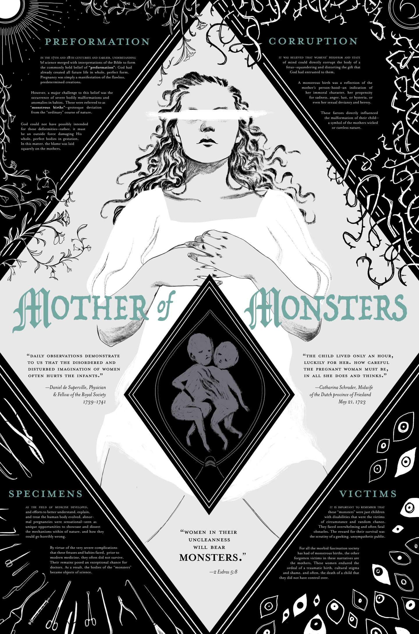 Poster of 'Mother of Monsters' with an illustration of a lady in a white dress with her eyes crossed out with conjoined twins illustrated in front of her
