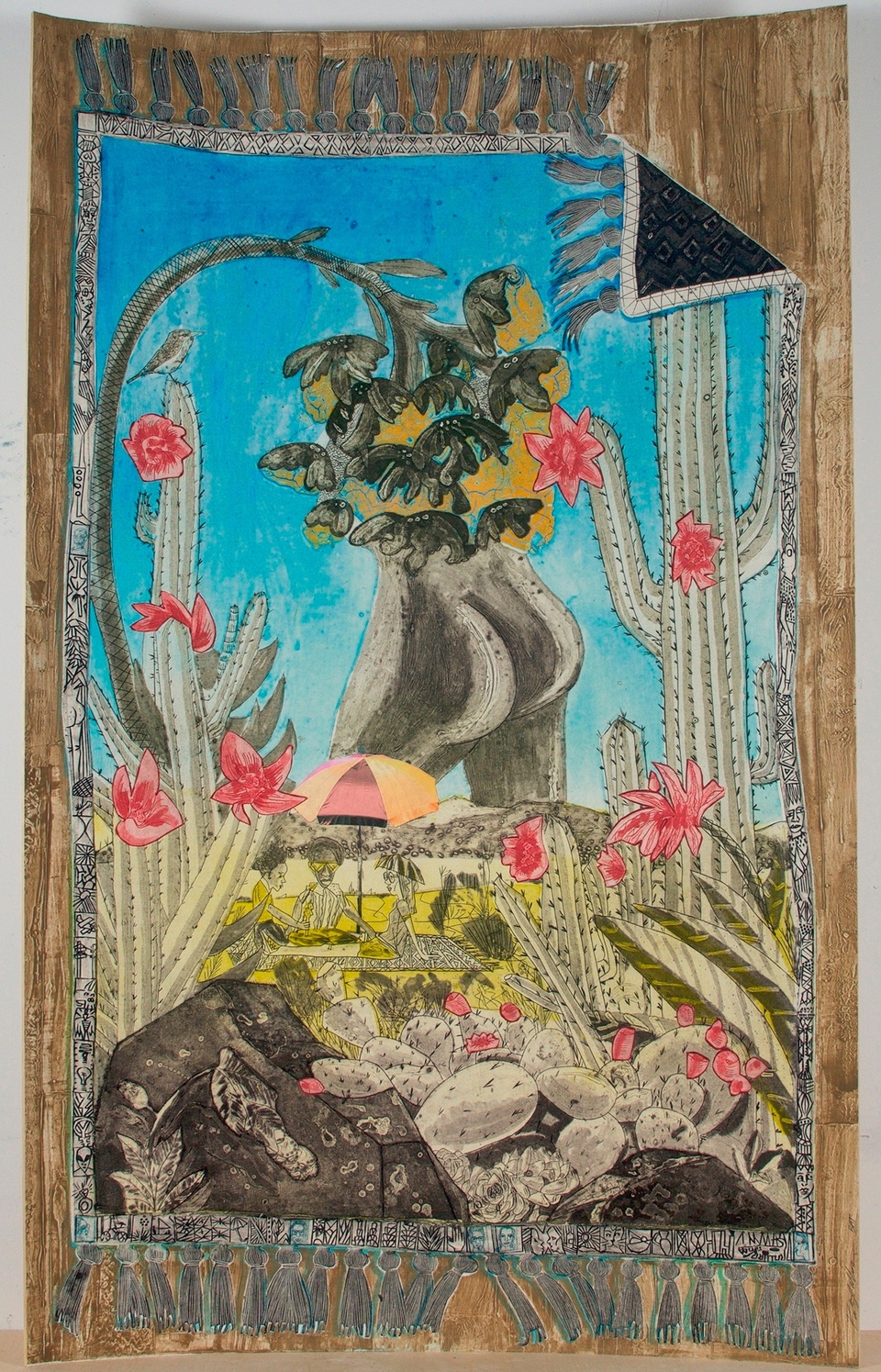 Multi-color print of the lower half of a human figure surrounded by pink flowers, green plants, and blue sky