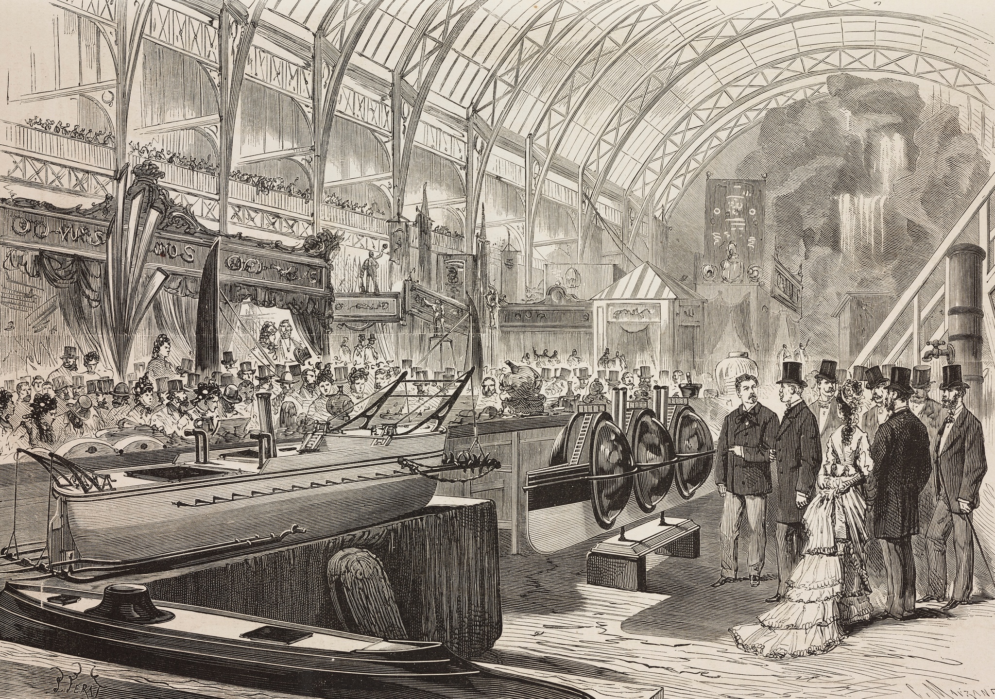 A 19th-century drawing of people touring a scientific exhibition