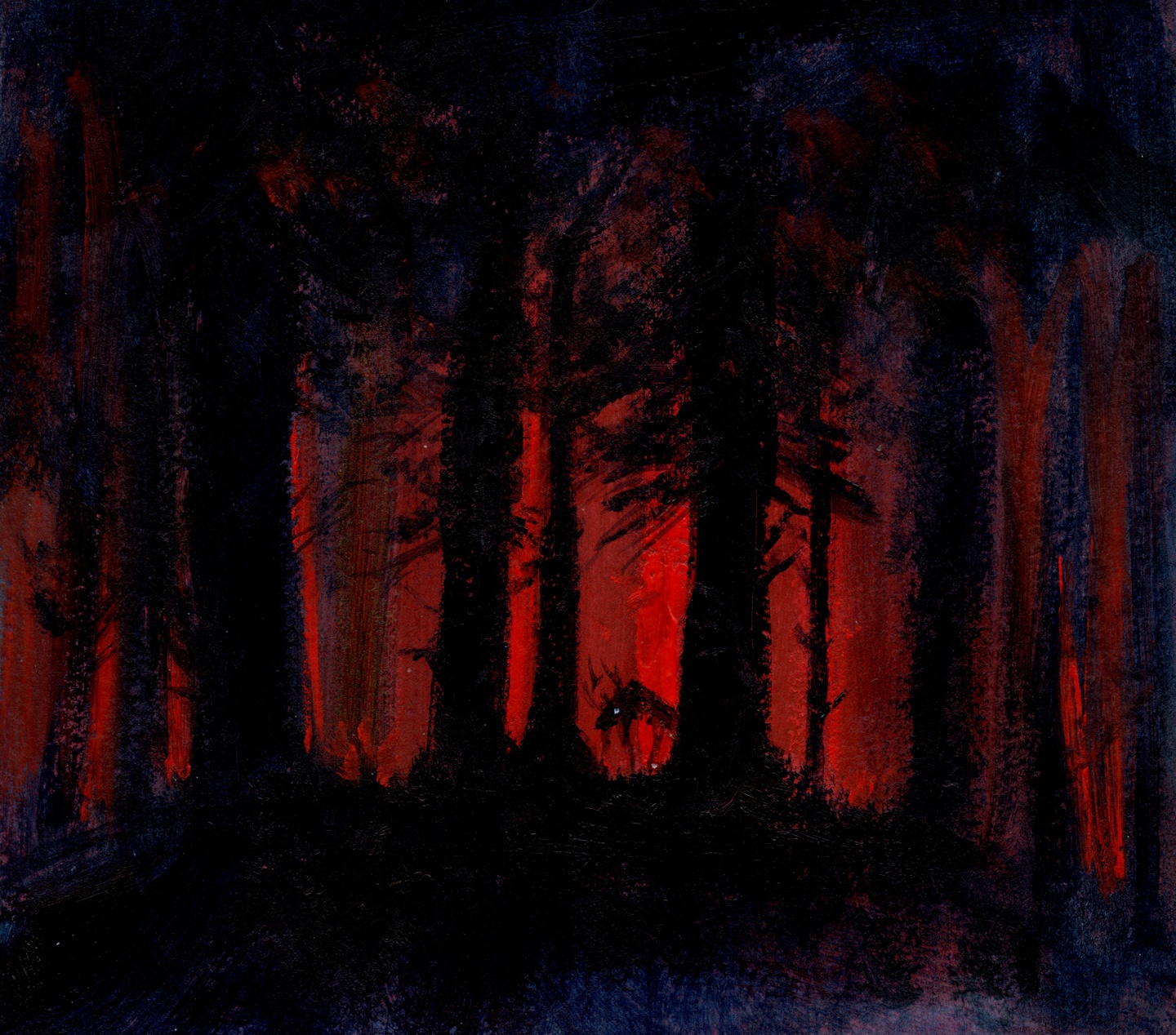 Acrylic painting of a dark forest shrouded in red lighting. A moose-like figure in the distance looks out at the viewer. 