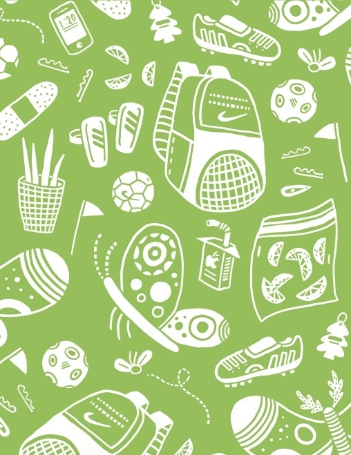 Green and white illustrative pattern page with various items such as a backpack, juice box, insects and hairpins