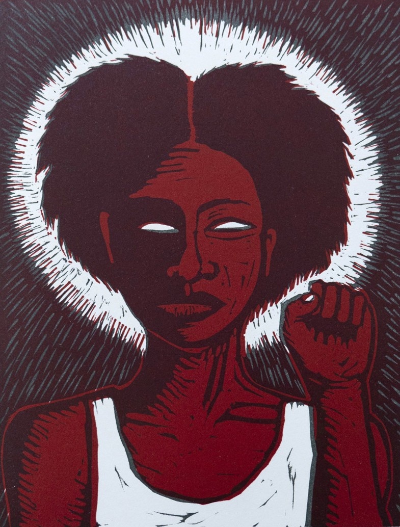 A two-color print depicts a bust-length image of a woman of color in a white tank-top with her hand raised in a fist. A halo of white light appears to radiate from around her head.