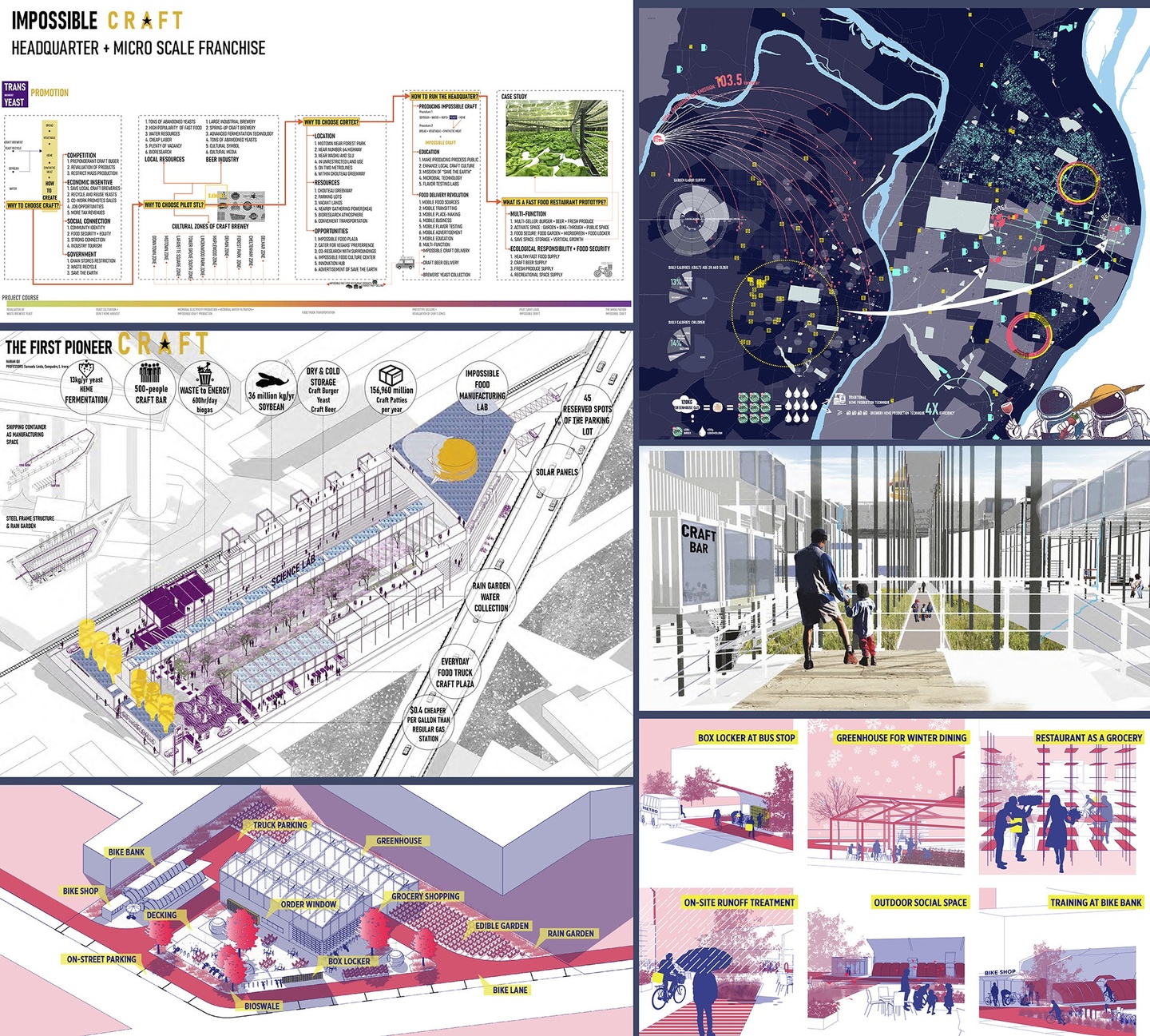 Composite of five images, featuring framework plans and renderings for a design proposal.