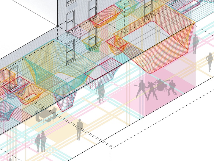 Axonometric rendering of a multi-colored art installation with basketlike-forms in an alleyway