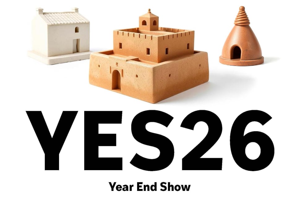poster with designs of three buildings about the large text YES26