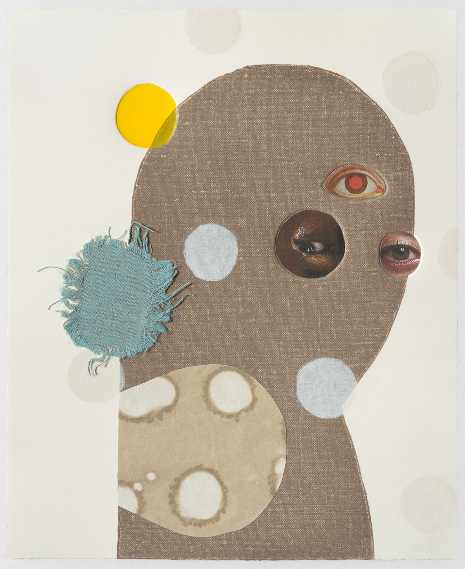 Image of printed texted head shape with circles of white  and yellow and human eyes throughout