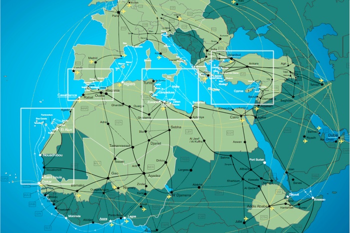 Fig 1: The i-Map, or the interactive map on migration, portrays global itineraries or migratory routes. Produced by the International Centre for Migration Policy Development, Vienna, 2012–ongoing. This is a static visualization of the migration routes published by the ICMPD in 2014. The most recent version of the i-Map is accessible only with a username and password. You can request access [here](https://ec.europa.eu/knowledge4policy/online-resource/interactive-map-migration-i-map_en). Courtesy of ICMPD.