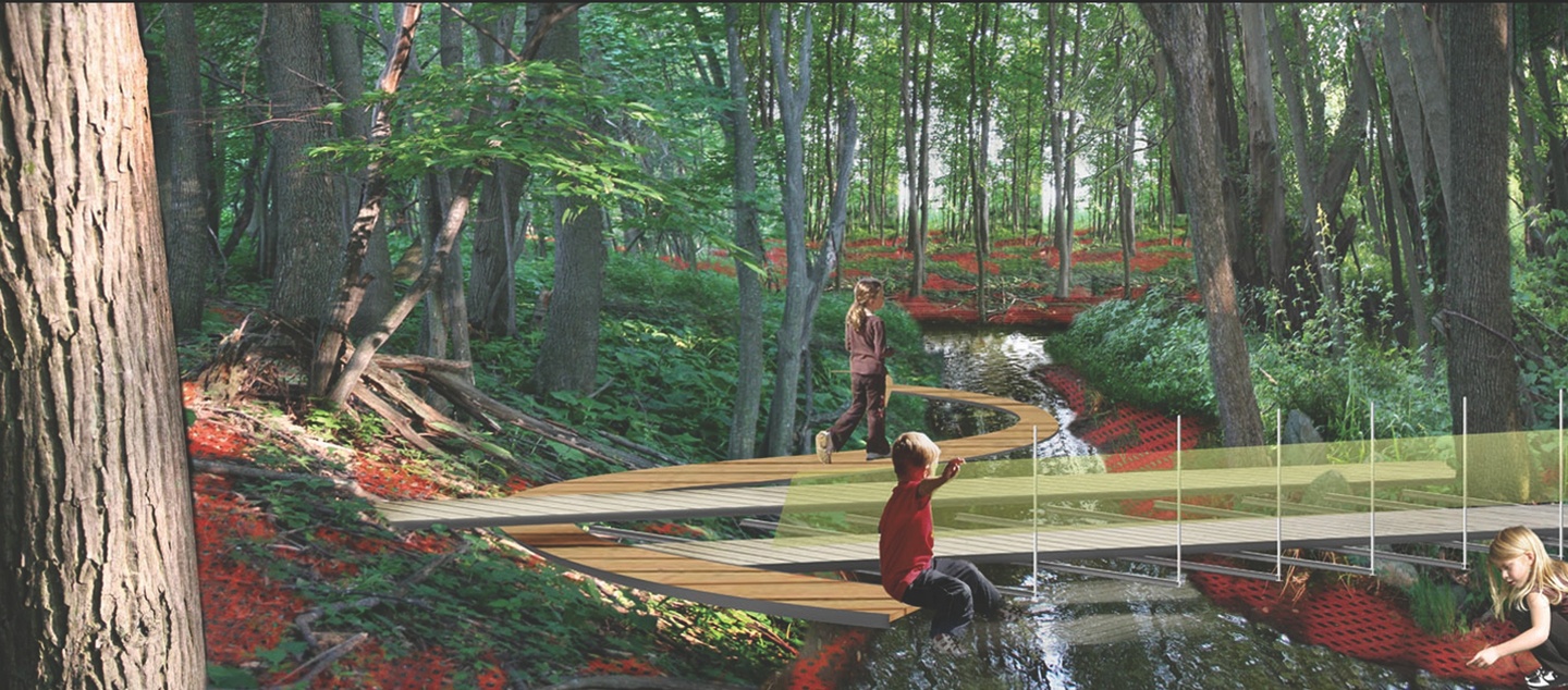 Rendering of a wooded park with a stream with a boardwalk running along the length and footbridges across.