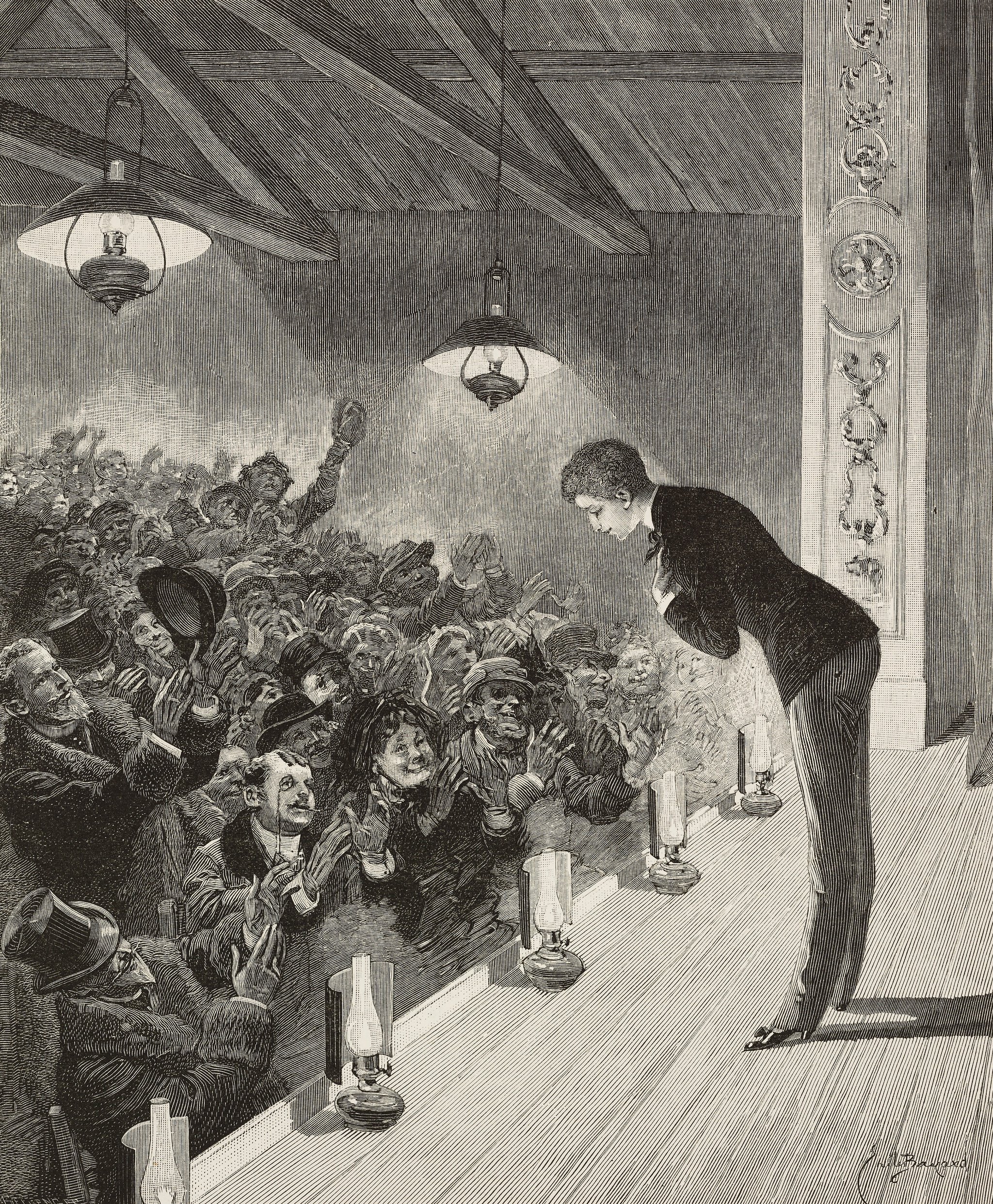 A 19th-century drawing of a man bowing on stage in front of an audience