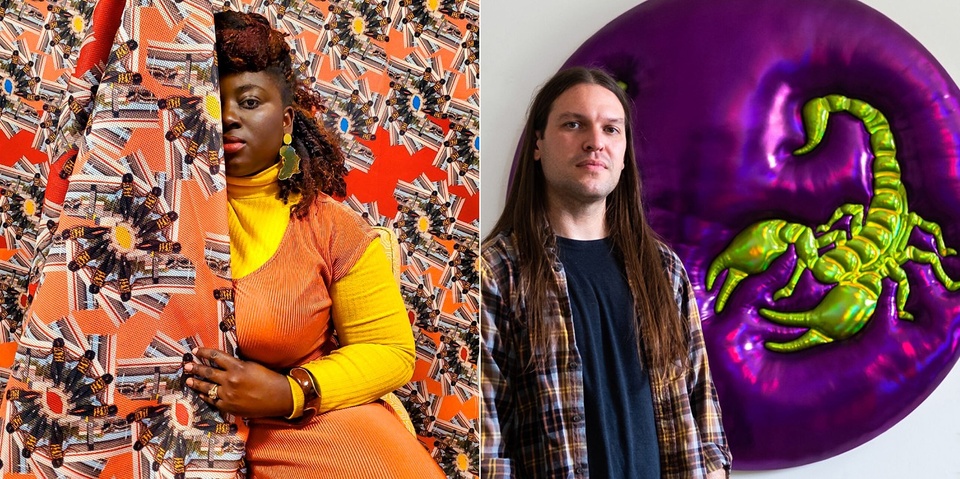Pair of portraits, featuring Yvonne Osei on the left, partially obscured by a colorful artwork, and Jon Young on the right, standing in front of a purple, wall-mounted sculpture with a green scorpion.