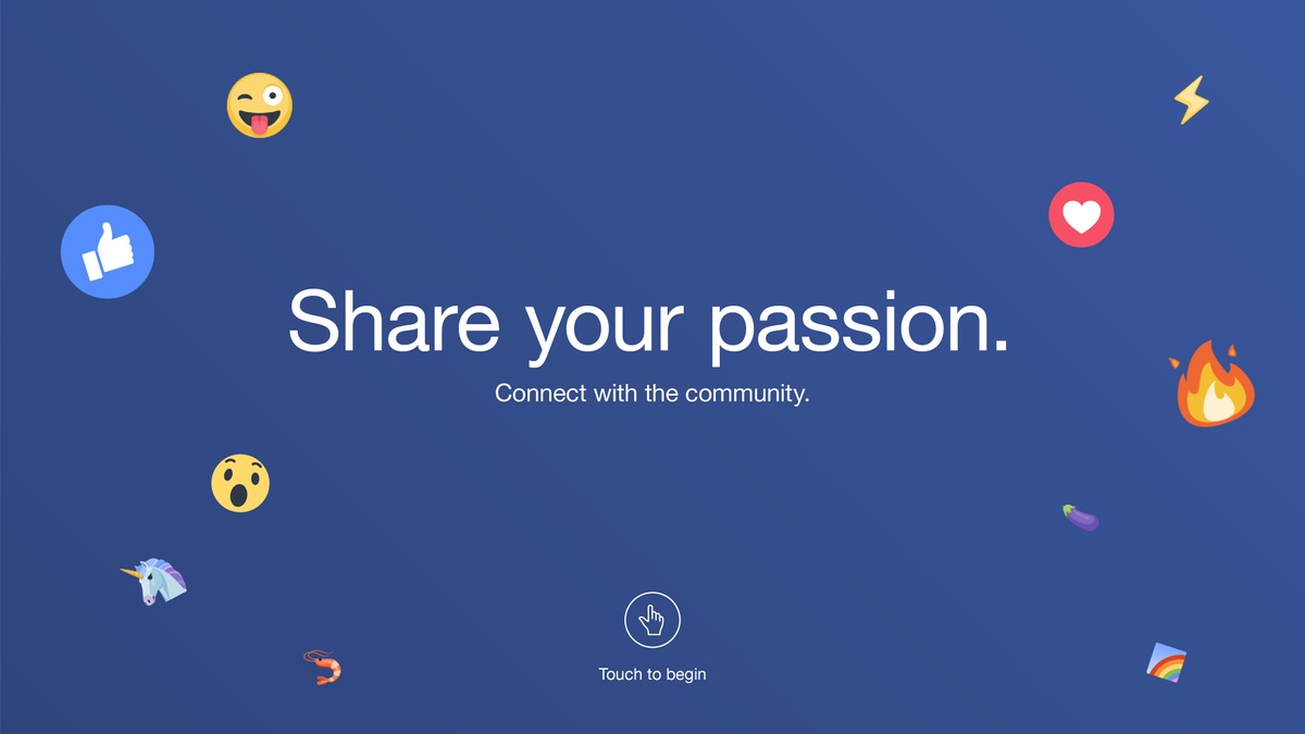 Design for interactive screen, which displays the sentences "Share your passion", "Connect with the Community" and "Touch to begin" on a blue background with several emojis floating in space