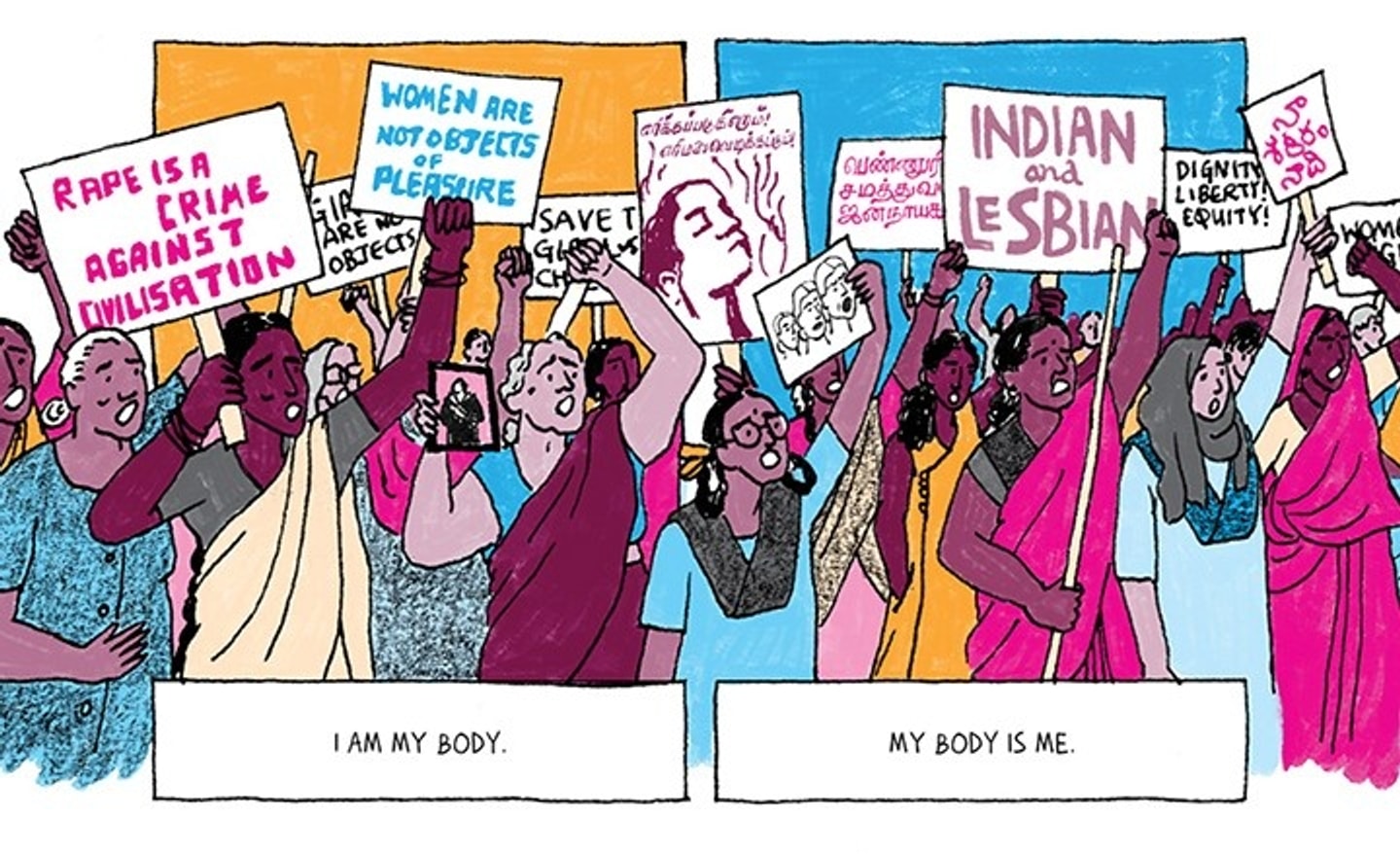 illustration of women protesting and holding signs