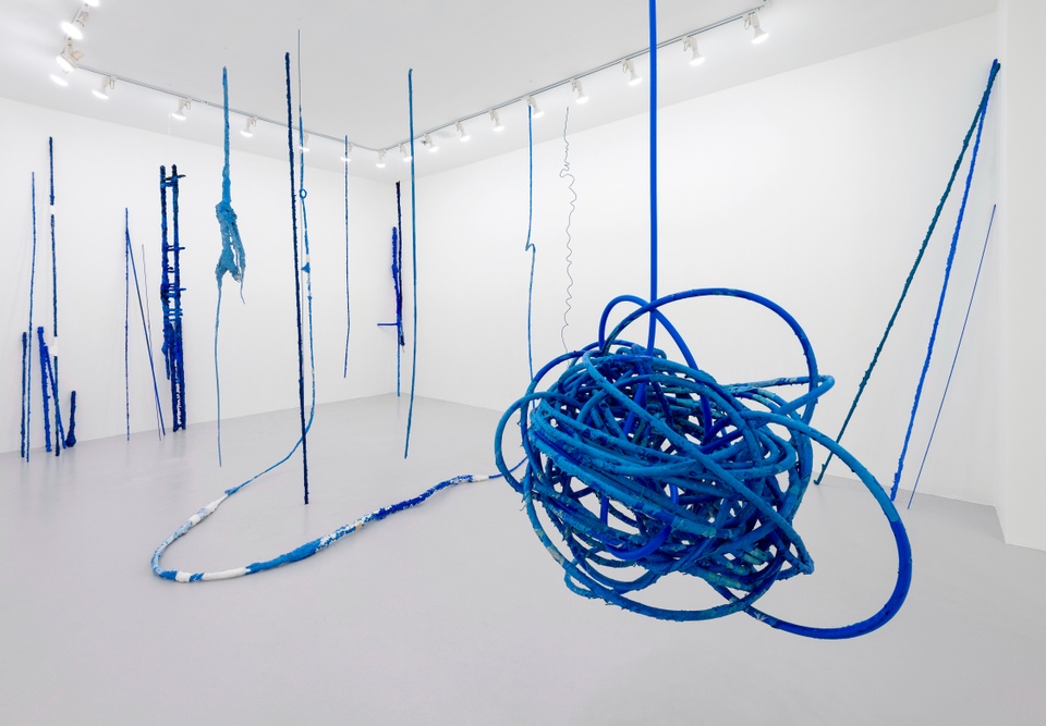 Mixed-media sculptural installation featuring blue cords hanging from the ceilings and down the walls.