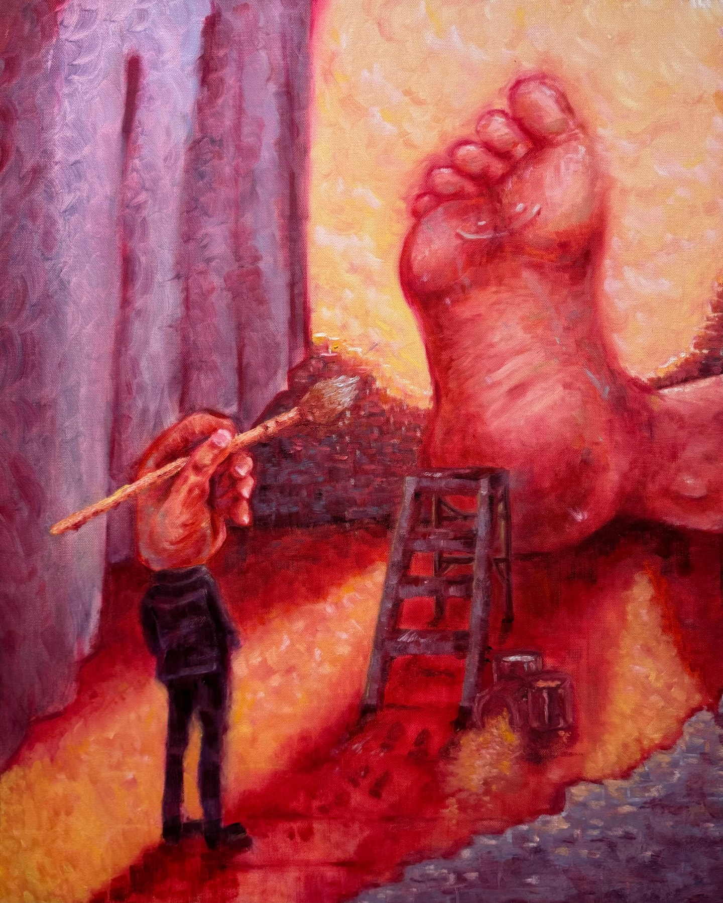 Painting of a figure with a hand as a head that is holding a paint brush and painting a smiley face on a large foot.