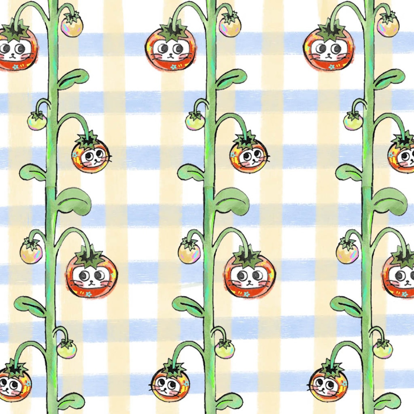 Illustrated pattern of tomatoes in various forms.