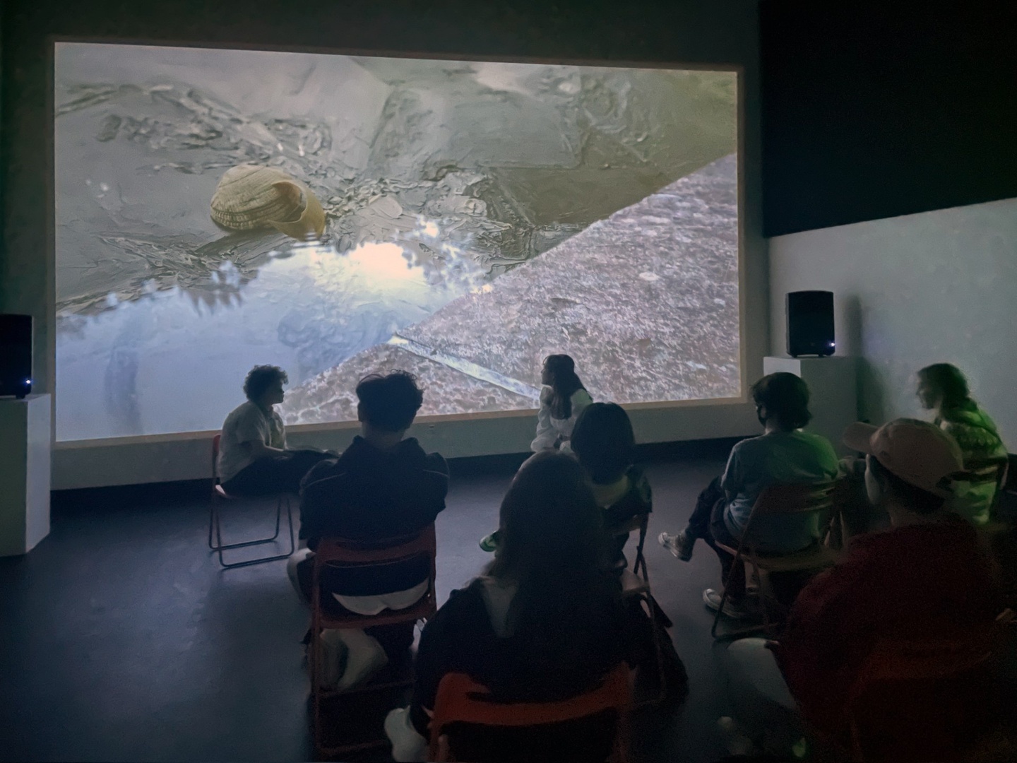 Student watching a large projection of video performance art.