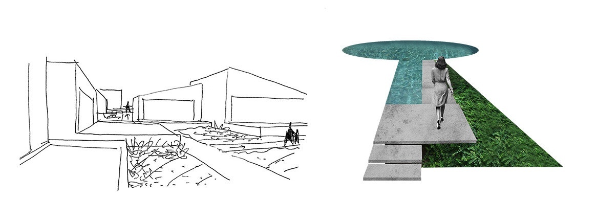 Side-by-side images: (left) Black-and-white sketch of an area with multiple residential spaces connected by walkways; (right) a collage depicting a person walking down a gray path toward a round pool of water, with a strip of grass to the right.