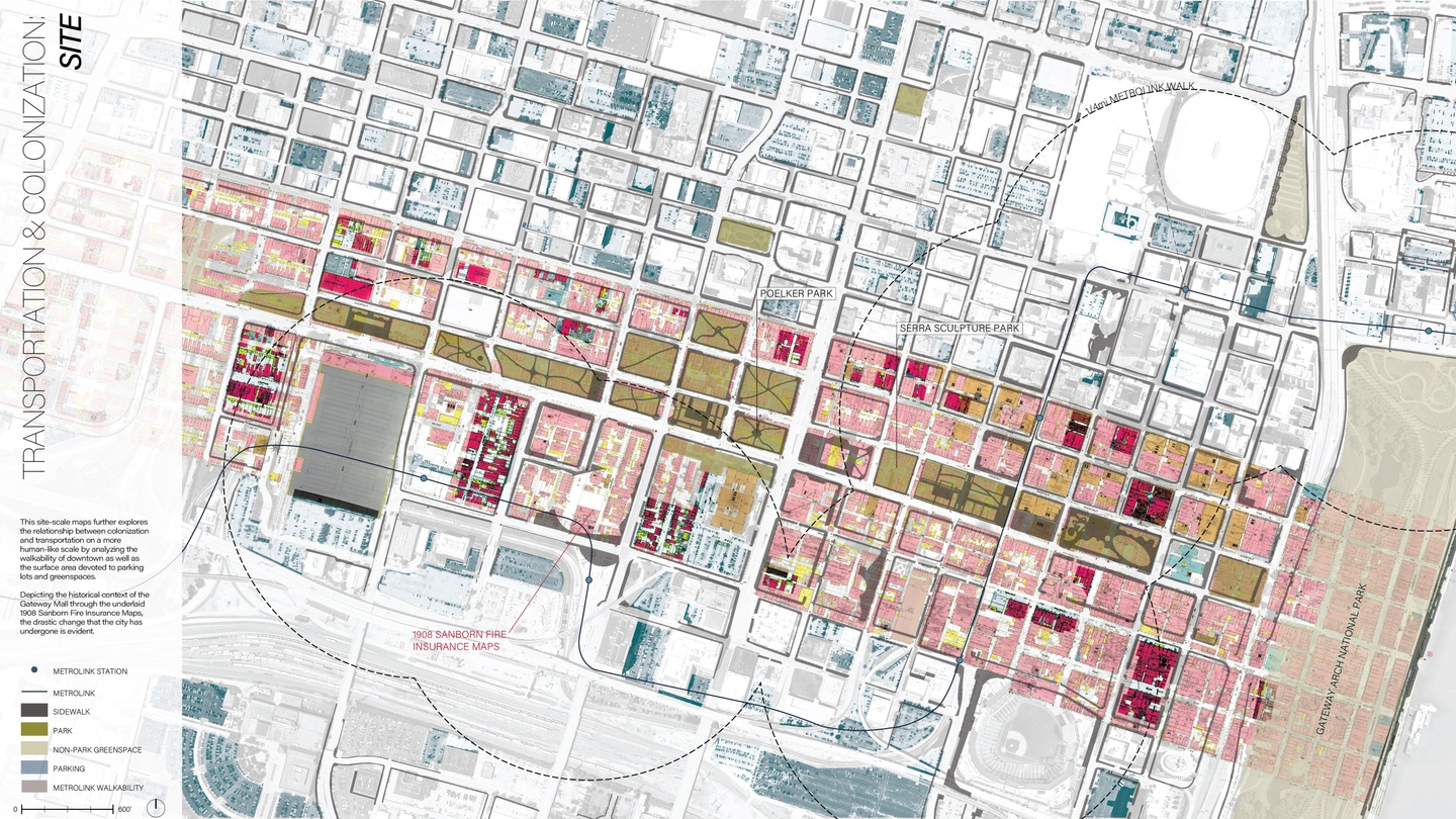 Site-scale map, showing the historical context of St. Louis' Gateway Mall through underlaid 1908 fire insurance maps.