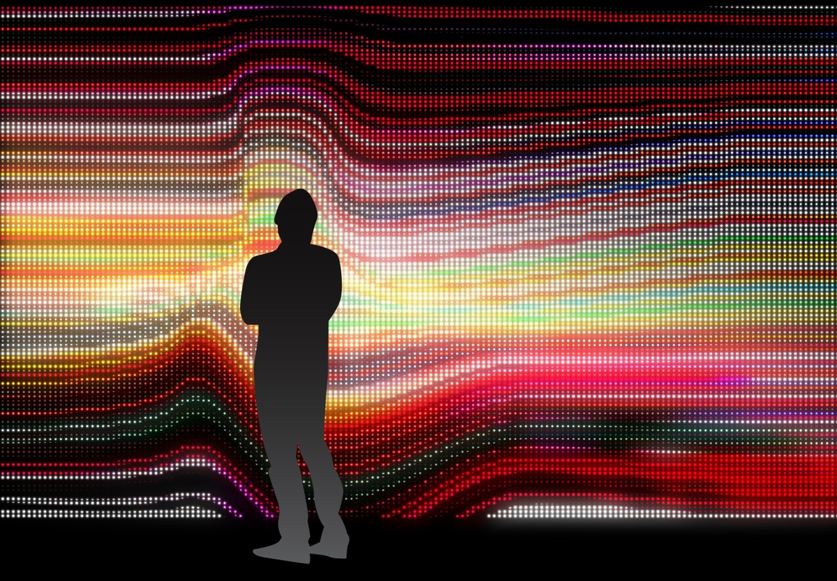 Render of an individual's silhouette on a backdrop of colored horizontal lines that react to the form of the person