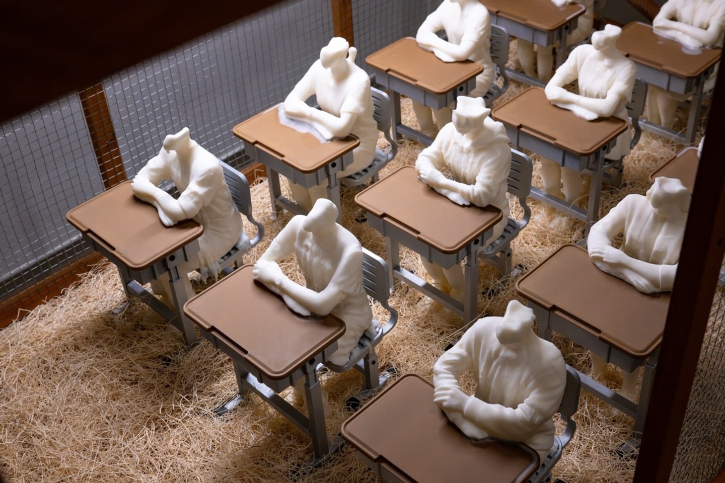 wax headless figures sitting in a classroom