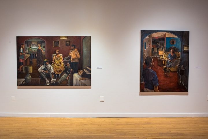 Two paintings of diverse groups of people relaxing and talking in a living room and kitchen.