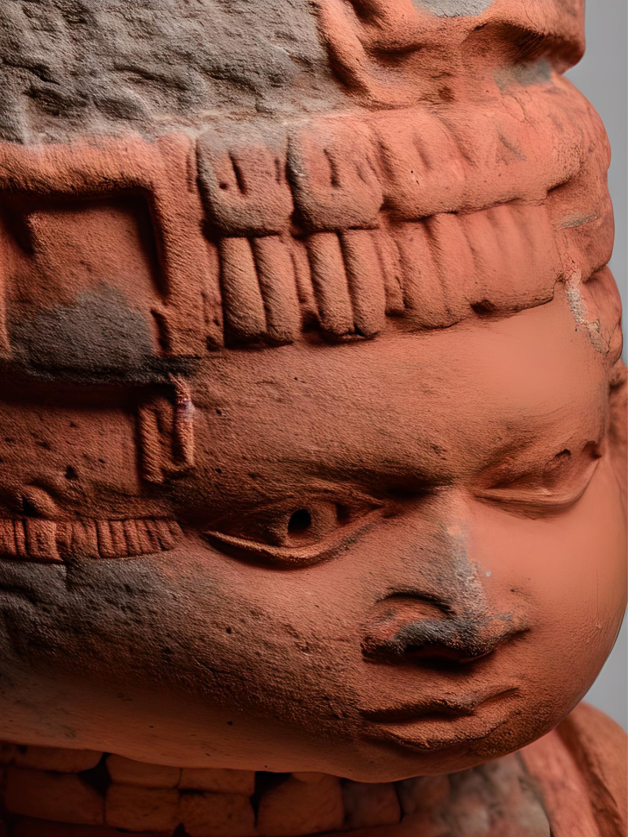An AI-generated close up view of a sculpture showing a human face in what appears to be a terracotta material. The sculpture appears to be weathered a grayish brown color in patches. 