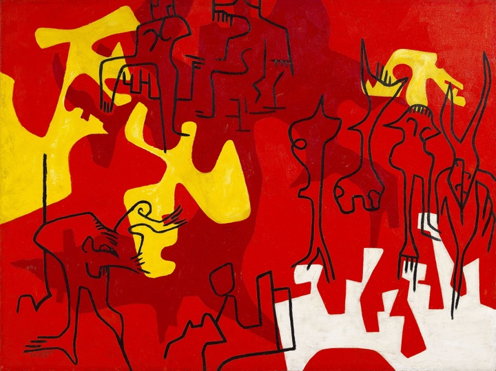 An abstract painting with biomorphic and geometric forms in yellow, white, and red, some outlined in black